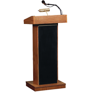 podium with goose neck mic and reading lamp