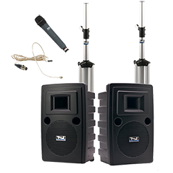Anchor Audio PA system with speakers, stands, and handheld and hands-free microphones