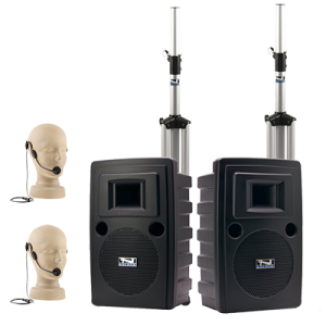Anchor Audio PA system with speakers, stands, and hands-free microphones