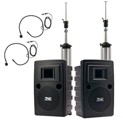 Anchor Audio PA system with speakers, stands, and hands-free microphones