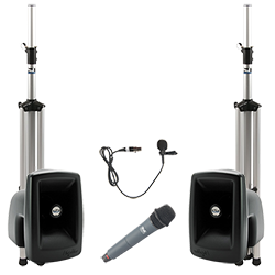 PA system with speakers, stands, and handheld and lapel microphones