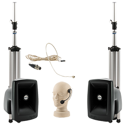 PA system with speakers, stands, and hands-free microphones