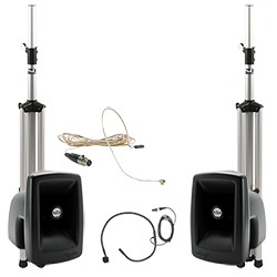 PA system with speakers, stands, and hands-free microphones